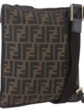 FENDI Zucca Canvas Shoulder Bag Black Brown gold